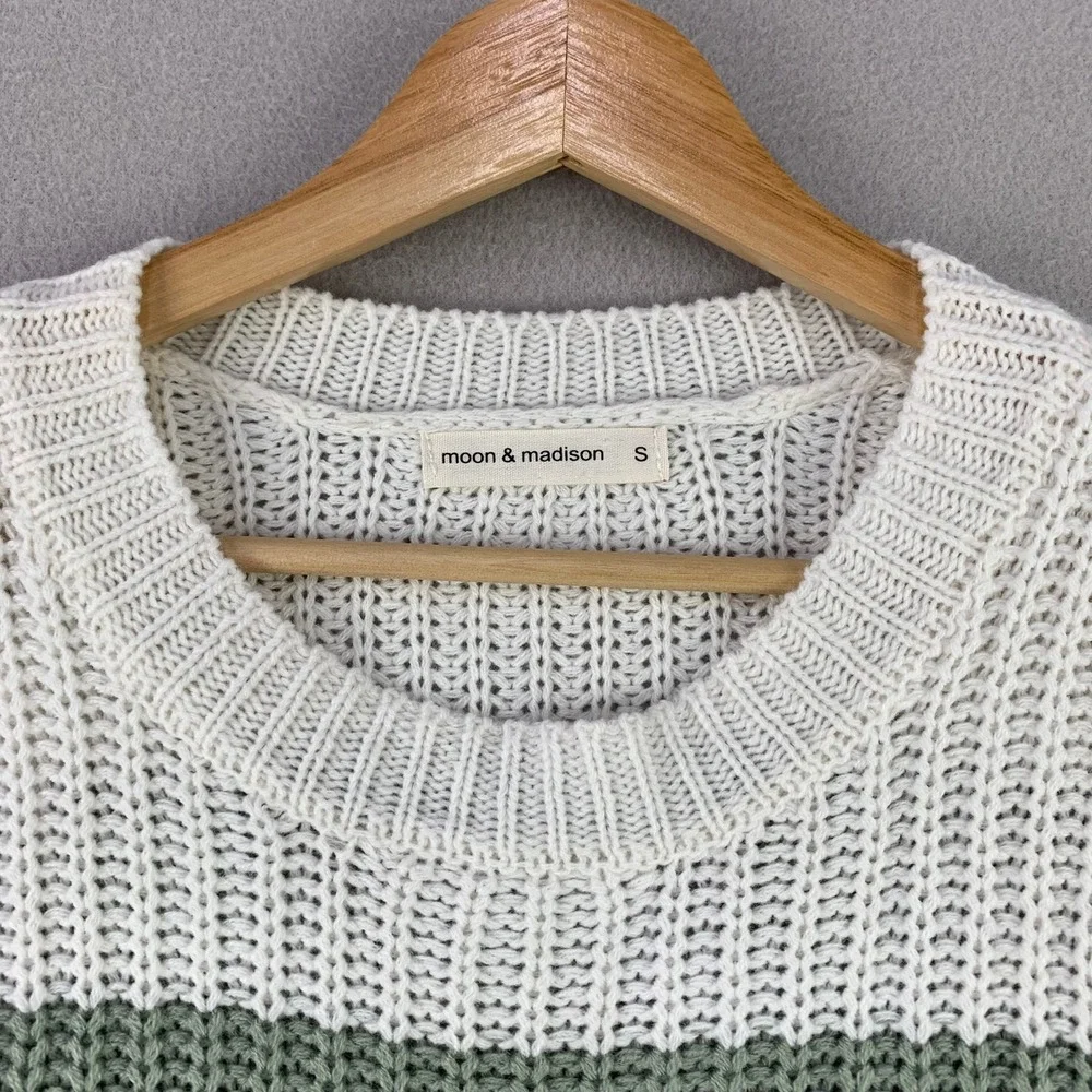 Moon & Madison Colorblock Stripe Sweater Women Small Blue Green White Knit Crop
